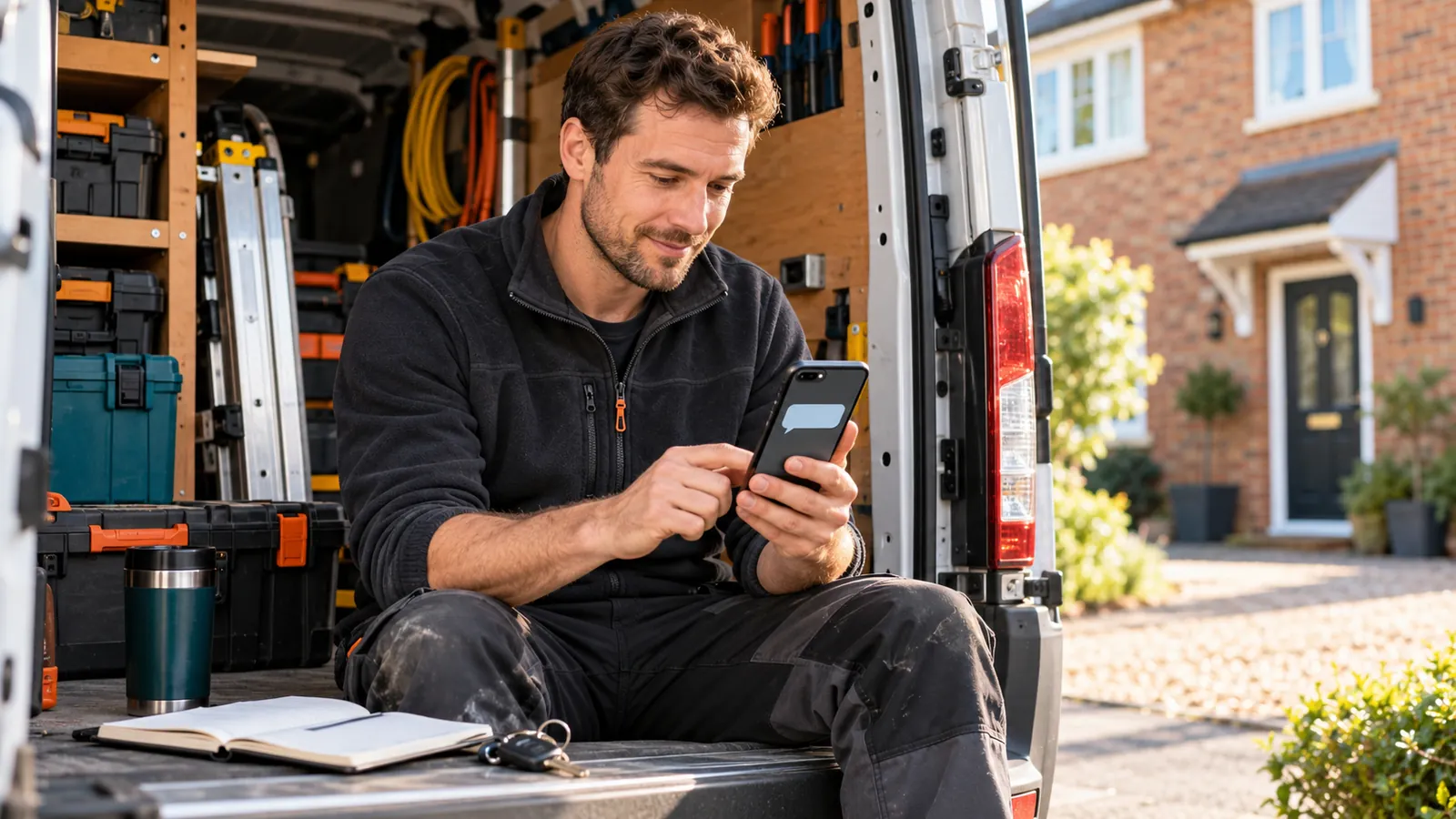 A tradesperson replying to a customer enquiry from his work van.