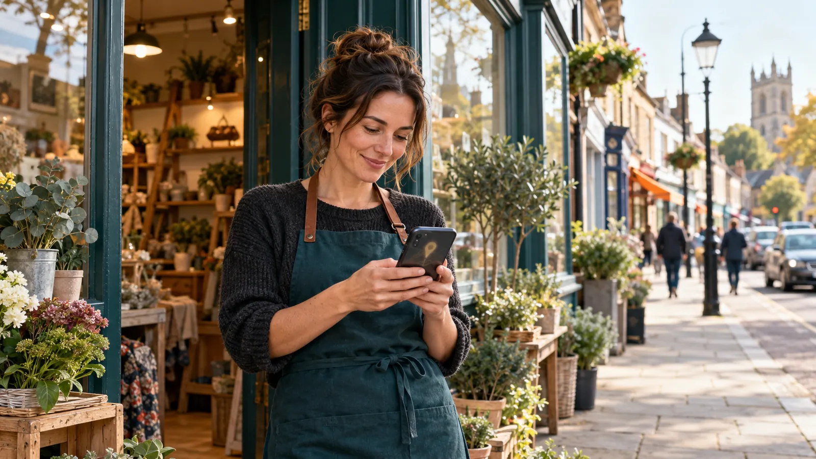 A local shop owner checking her phone outside her neighbourhood shop.