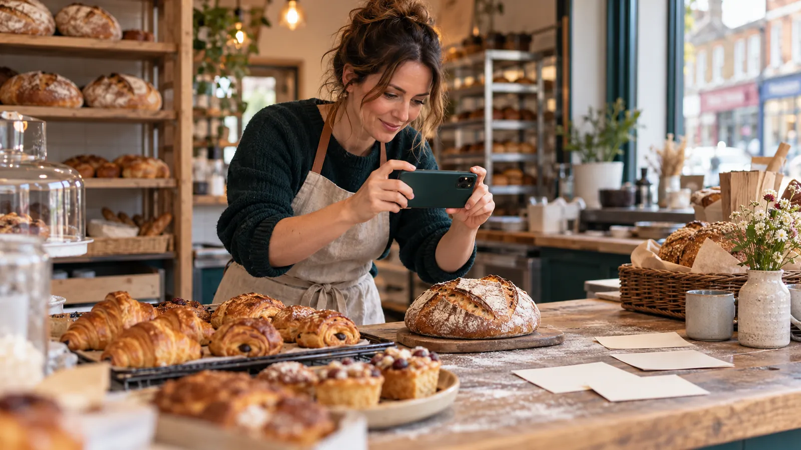 A bakery owner photographing fresh bread for social content.